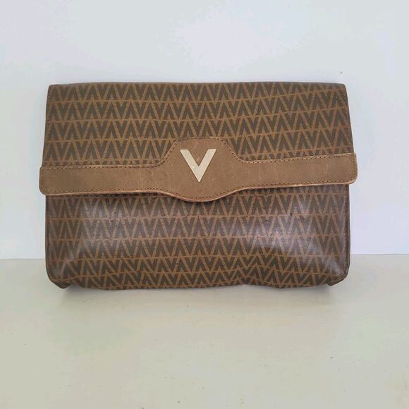 Mario Valentino V Bag Clutch Envelope Vintage Handbag Zip Designe Italian Brown - Picture 1 of 11
